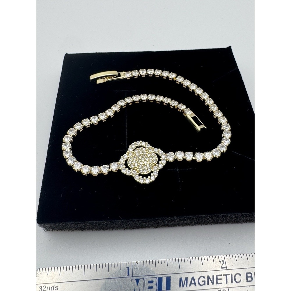 Moissanite Tennis Bracelet Stainless Steel Gold Tone Clover Halo 7" Sparkle